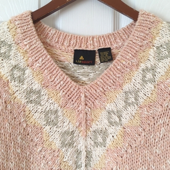 Liz Sport 90's Vintage Fair Isle & Marled Knit Wool Blend V-neck Sweater Pink M - Picture 2 of 11